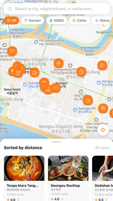 Woongie map view, places pinned across a Seoul neighborhood